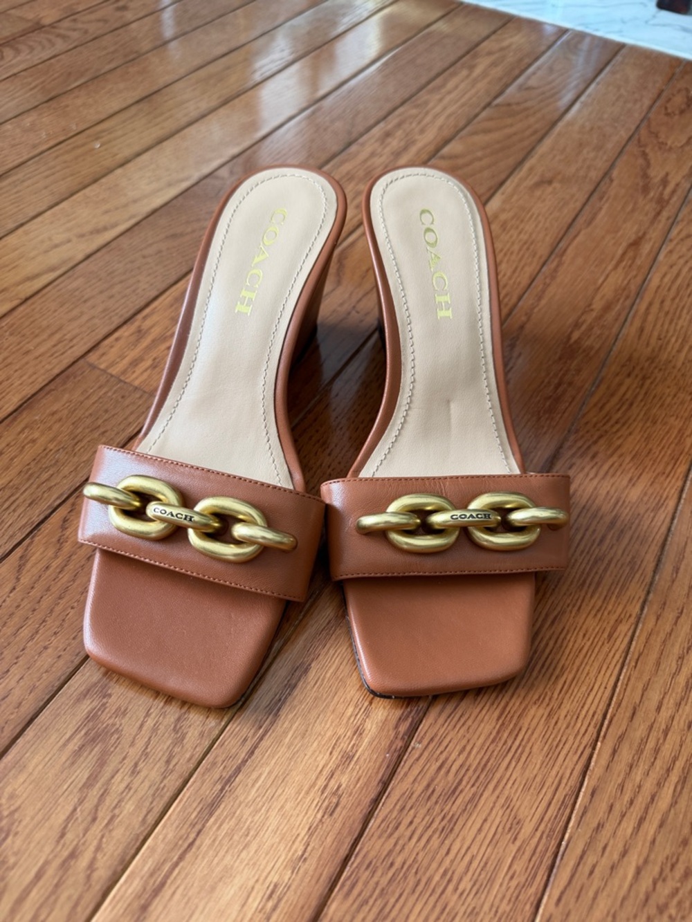 COACH Tan Leather Slip-On Mules with Gold Chain Detail
